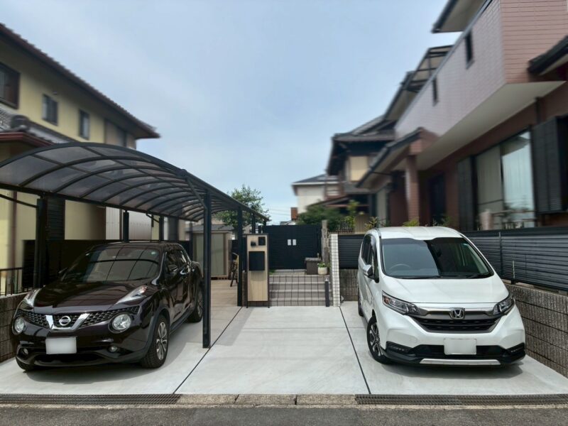 稲沢市の駐車場リフォーム｜土間コンクリートと機能門柱・門扉を設置